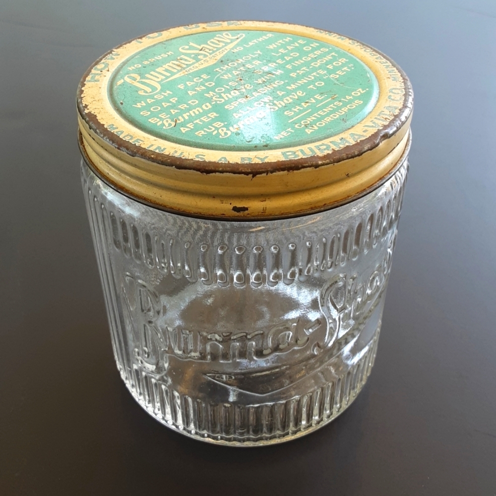 Vintage Burma-Shave Glass Jar with Lid, 14oz Embossed Jar, 4", Decor Collectible